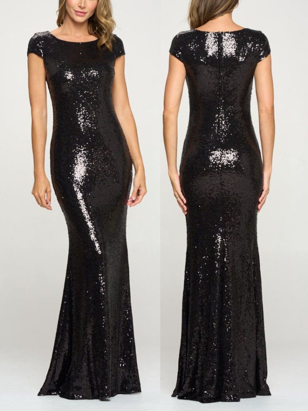Black Sequin Short Sleeve Formal Evening Dress 2